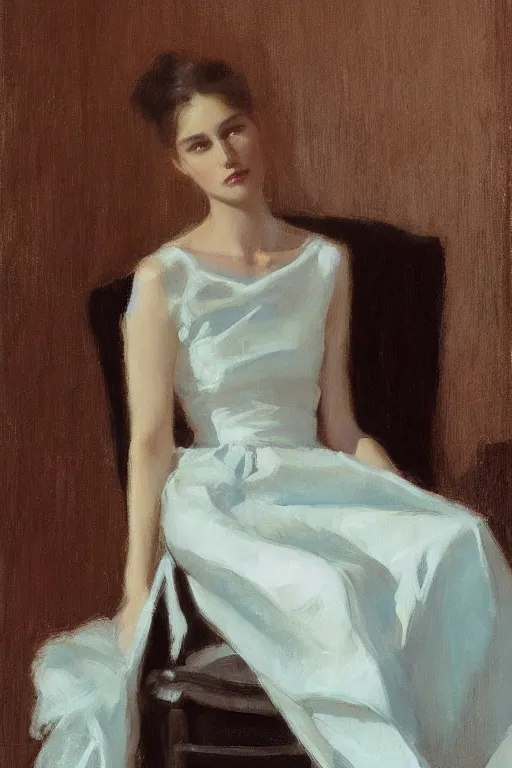 Image similar to girl with long hair, silk dress, high heels, sitting on designer chair, by jeremy lipking