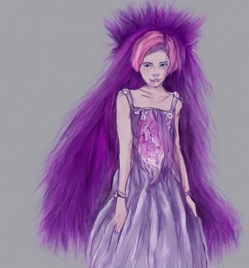 Image similar to little girl with eccentric pink hair wearing a dress made of purple fur, anatomically perfect, concept art,