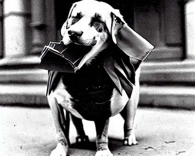 Image similar to a photo of canine karl marx ( karl barx ) as a dog, barking about the failures of capitalism and how the fat cats are creating a rat race of exploitation. how does one write a manifesto with those paws though?