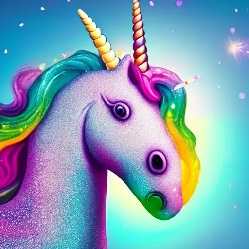 Image similar to an ultra high definition pastel coloured wildlife photograph of a magic unicorn with a glittery magic horn eating an ice cream in a magical field. refraction, volumetric lighting iridescence.