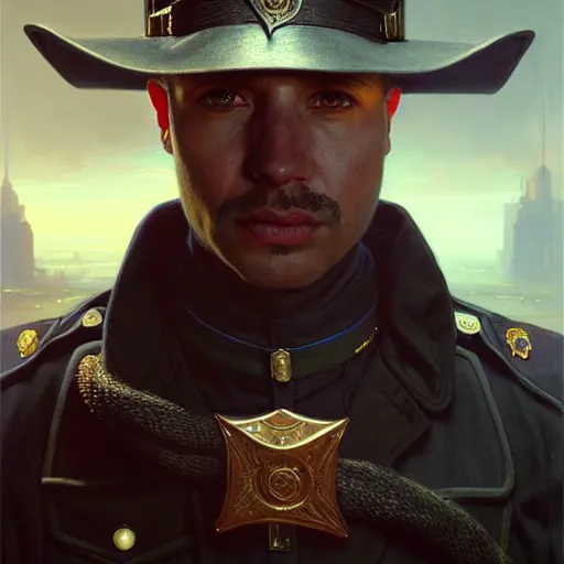 Image similar to portrait painting of a friendly tiefling police officer, ultra realistic, concept art, intricate details, eerie, highly detailed, photorealistic, octane render, 8 k, unreal engine. art by artgerm and greg rutkowski and magali villeneuve and alphonse mucha