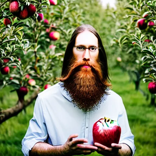 Prompt: beautiful professional portrait photograph of a wizard with a very long beard brewing potions in an apple orchard