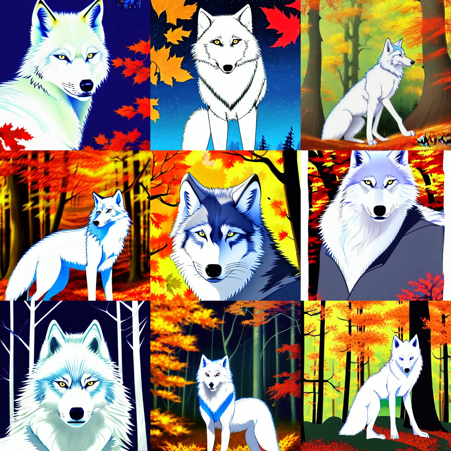 Prompt: digital illustration white wolf with blue eyes, in the autumn forest, anime, 8 к by miazaki, by leiji matsumoto