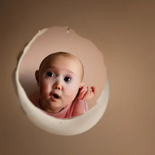 Image similar to a baby sitting inside a cracked chicken egg, photography, award winning, 8 k