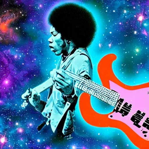 Image similar to jimi hendrix playing guitar, galaxy, stars, nebula, synthwave