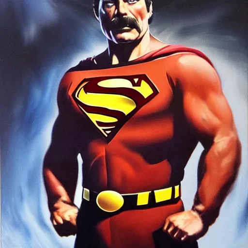 Image similar to ultra realistic portrait painting of tom selleck as superman, art by frank frazetta, 4 k, ultra realistic, highly detailed, epic lighting