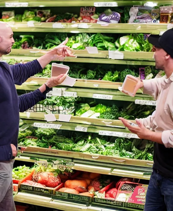 Image similar to a bald man gestures to a display of'suddenly salad'boxes at the end cap inside a supermarket