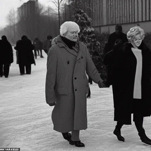 Image similar to Olof Palme and his wife peacefully strolling down Sveavägen in Stockholm a winter evening in 1986