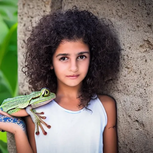 Image similar to Beautiful Moroccan girl holding her favourite frog smiling curly hair sharp depth of field photo