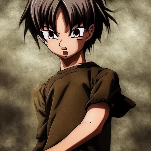 Prompt: anime of young man full body, brown eyes, reptile background by akira toriyama, hyper realistic, dark fantasy detailed, high definition insanely detailed, bitter wide angle lens dark lighting, moody lighting