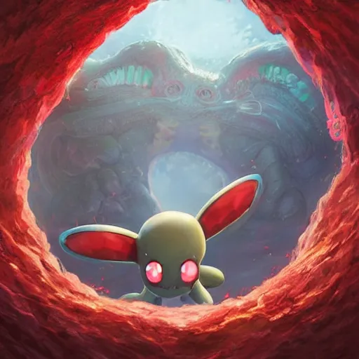 Prompt: a cute beautiful stone - type pokemon with beautiful happy smile, red tentacles bursting out of his hair, full body portrait, highly detailed digital art, 3 d perspective, award - winning illustration, aesthetic, smooth, pokemon style, made by greg rutkowski, with an alien landscape in the background