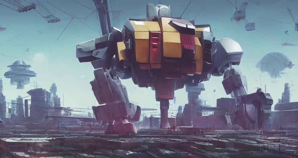 Image similar to Landscape with GIANT mechatronics megastructure looming in the distance fighting each other, inspired by gundam, cinematic, rendered by simon stålenhag, rendered by Beeple, Makoto Shinkai, syd meade, environment concept, digital art, unreal engine, 3 point perspective, WLOP, trending on artstation, low level, 4K UHD image, octane render,