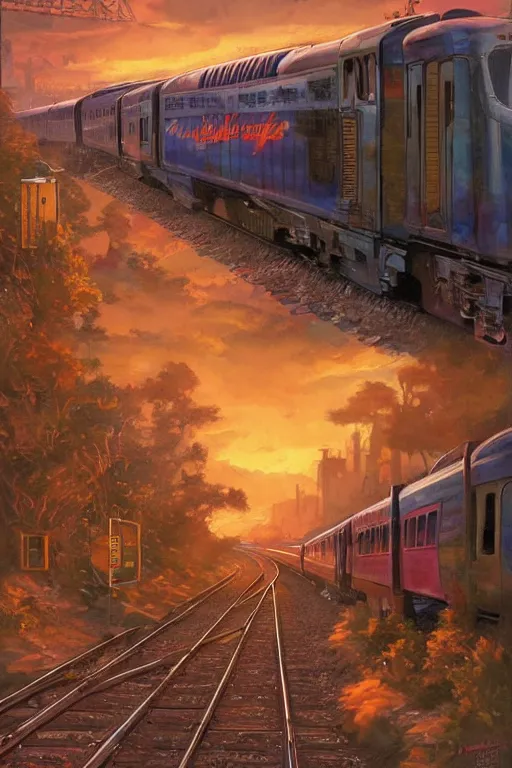 Image similar to trains covered in dripping graffiti paint, by tom lovell and greg staples and hiroshi yoshida and moebius and loish and artgerm, painterly, illustration, sunset lighting