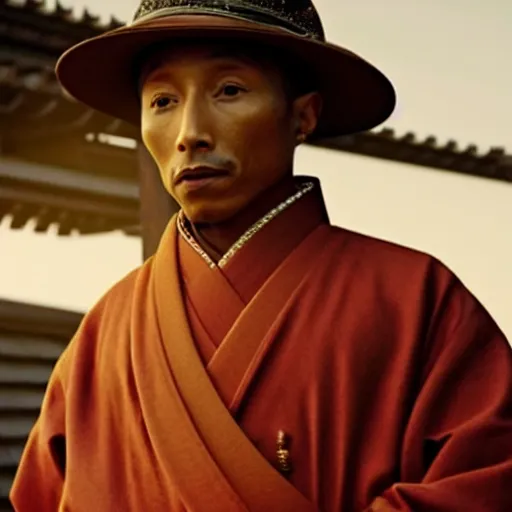 Image similar to cinematic film still Pharrell Williams starring as a Samurai holding fire, Japanese CGI, VFX, 2003, 40mm lens, shallow depth of field,film photography