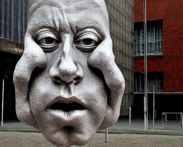 Prompt: by francis bacon, louise bourgeois, bruno catalano, mystical photography evocative. an intricate fractal concrete and chrome brutalist carved sculpture of the secret faces of god, standing in a city center.