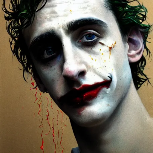 Prompt: cinematic portrait of timothee chalamet as the joker, perfect face, neon rain, moody, elegant, by alyssa monks, highly detailed, symmetrical face, fine details, masterpiece, trending on artstation