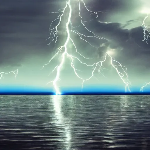 Prompt: blue lightning over water, dark, glassy, 4k, realistic