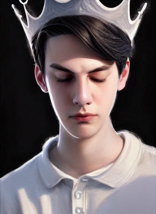 Image similar to portrait of teenage jughead jones wearing a light grey crown, photorealistic, crown, eyes closed, crown, black hair, intricate, elegant, glowing lights, highly detailed, digital painting, artstation, concept art, smooth, sharp focus, illustration, art by wlop, mars ravelo and greg rutkowski