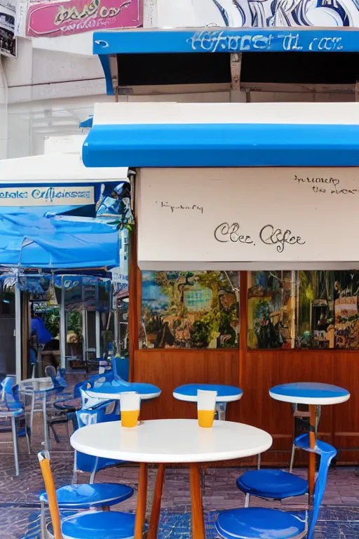 Prompt: a cup of coffee sitting on top of a white table diner booth, high angle, blue booth seats, a hyperrealistic photo by IAN SPRIGGS, flickr, conceptual art, photo taken with ektachrome, photo taken with provia, kodak portrait