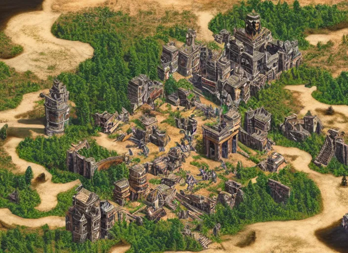 Image similar to isometric map of age of empires video game, procedural, top down, AOE2 , civilization, river, forest, cave, mountain, woods, hills, buildings, snow, , digital art,realistic,detailed,art by greg rutkowski