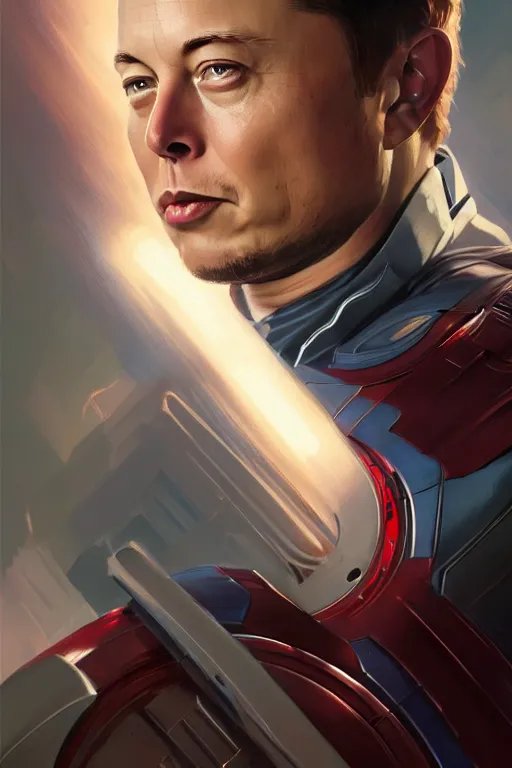 Image similar to elon musk as captain america, marvel character, portrait, highly detailed, digital painting, artstation, concept art, smooth, sharp focus, illustration, cinematic lighting, art by artgerm and greg rutkowski and alphonse mucha