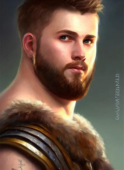 Image similar to a _ fantasy _ style _ portrait _ painting _ of chubby white barbarian male very short hair short stubble, brown hair, rpg dnd oil _ painting _ unreal _ 5 _ daz. _ rpg _ portrait _ extremely _ detailed _ artgerm _ greg _ rutkowski _ greg