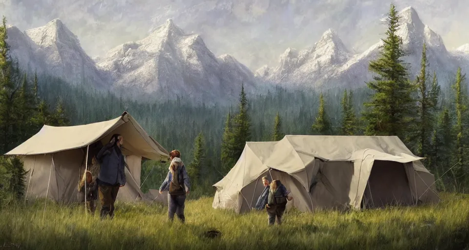 Image similar to cabela's beautiful comfortable modular insulated wall kit - house all weather family dwelling tent house, person in foreground, mountainous forested wilderness open fields, beautiful views, painterly concept art, joanna gaines, environmental concept art, farmhouse, magnolia, concept art illustration, by james gurney, by craig mullins, by greg rutkowski trending on artstation