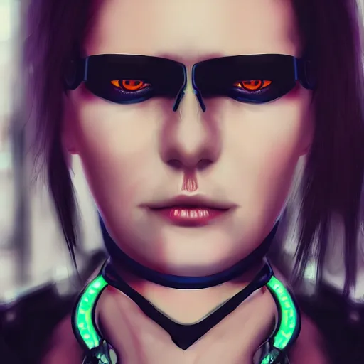 Image similar to realistic female character cyberpunk wearing technological collar around neck, realistic, art, beautiful, 4K, collar, choker, collar around neck, punk, artstation, detailed, female, woman, choker, dark,