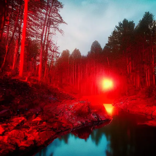 Prompt: a photo of a dream world, forest, river, red spotlight, dark lighting, reflective surface, unreal engine