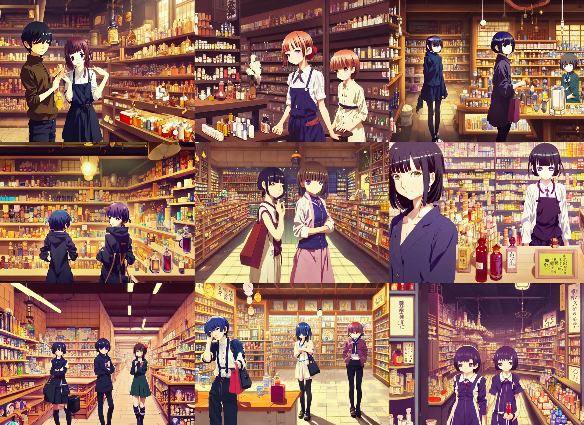 Prompt: anime visual, portrait of a busy alchemist's potion shop interior with a young female traveler shopping, cute face by ilya kuvshinov, yoshinari yoh, makoto shinkai, katsura masakazu, moody, dynamic perspective pose, detailed facial features, kyoani, rounded eyes, crisp and sharp, cel shade, lomography