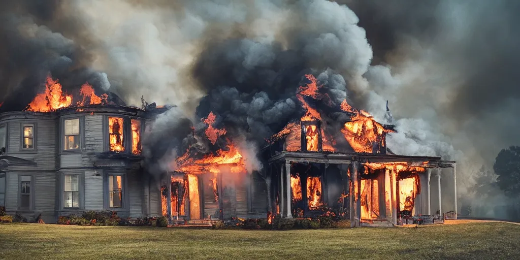 Prompt: queen anne style house on fire, cinematic, atmospheric, realistic