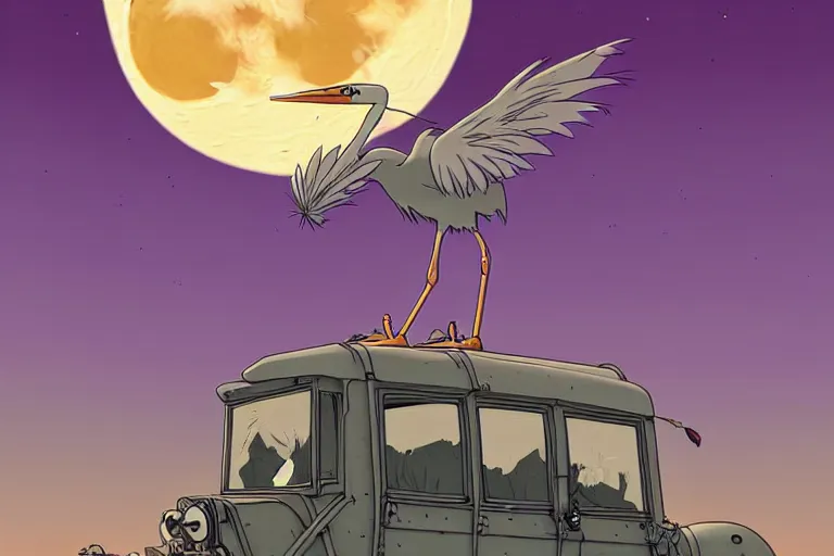 Prompt: a cell shaded cartoon of a mechanized grey heron from howl's moving castle ( 2 0 0 4 ), on a desert road, in front of a full moon, full body, wide shot, very muted colors, post grunge, studio ghibli, laurie greasley, highly detailed, deviantart, art by artgem
