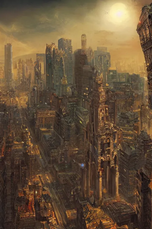 Prompt: gigantic city, adorned pillars, towers, landscape, alex ross, neal Adams, david finch, concept art, matte painting, highly detailed, rule of thirds, dynamic lighting, cinematic, detailed, denoised, centerd