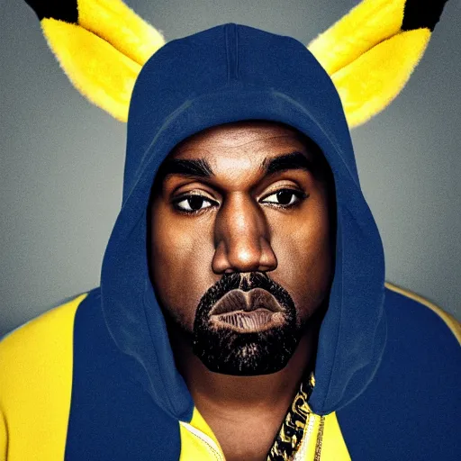 Image similar to Kanye West in a yellow pikachu! hoody, Studio Photograph, portrait C 12.0