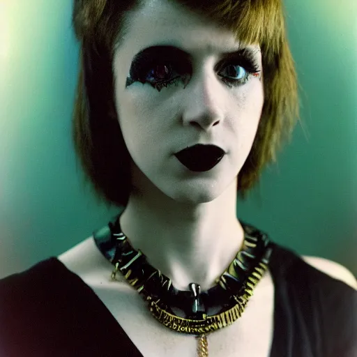 Image similar to close-up, color slide, Kodak Ektachrome E100, studio photographic portrait of a young pale, Goth, Attractive girl, wears ankh necklace, Death, Comic book character, member of the Endless, Nikon camera, 75mm lens, f/2.8 aperture, HD, casual, realistic, punk, people, detail, Bokeh, saturated color, masterpiece image, shutterstock, Curated Collections, Sony World Photography Awards, Pinterest, by Annie Leibovitz