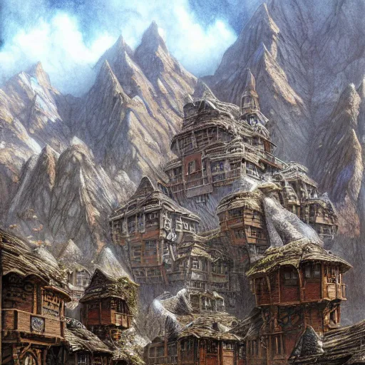 Image similar to a dwarven city in the mountains, by john howe