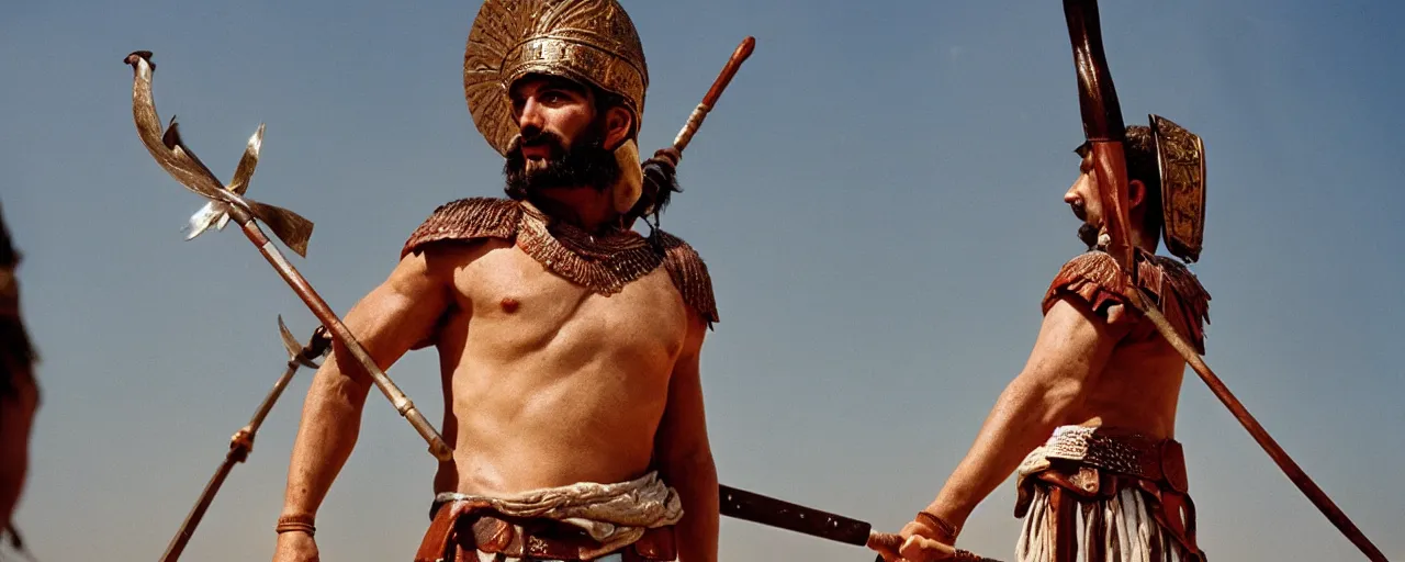 Image similar to a greek warrior with a spear, cloudy, small details, intricate, canon 5 0 mm, high detail, intricate, cinematic lighting, photography, wes anderson, film, kodachrome