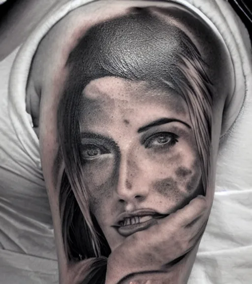 Prompt: double exposure of a hyper realistic mountain scenery with a beautiful woman face, tattoo design sketch, in the style of matteo pasqualin, hyper - realistic, amazing detail, black and white