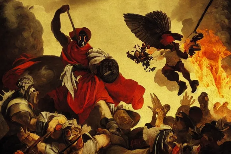 Prompt: a highly detailed menacing painting of pulcinella!!! from naples with a pizza!! and lots of fire, a volcano and dark smoke, an ultrafine painting by giovanni domenico tiepolo, dramatic lighting, trending on deviantart, sharp focus, octane, masterpiece