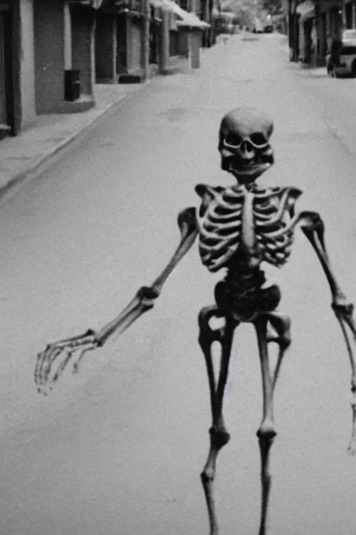 Prompt: still from vhs! footage of skeleton nerve!! cryptid! walking down street