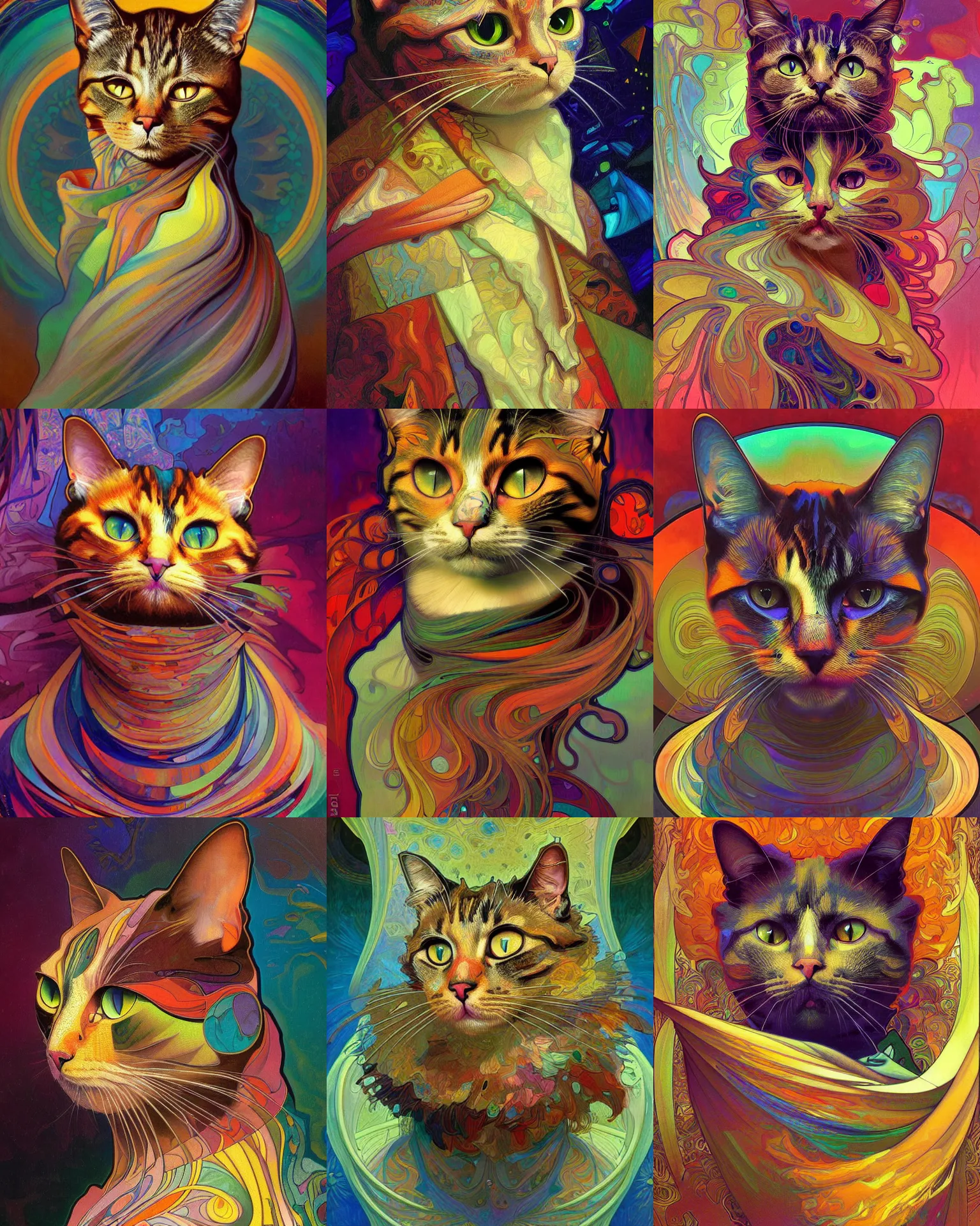Prompt: cat portrait an oil painting splashes with many colors and shapes by john backderf greg rutkowski and alphonse mucha, polycount, generative art, psychedelic, fractalism, glitch art