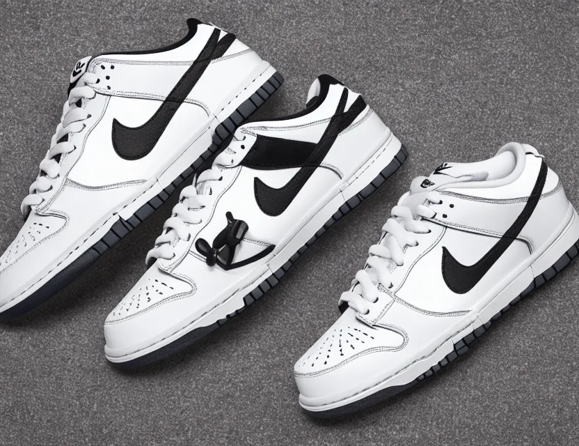 Prompt: a press photograph of nike dunk low white and black, size 1 0, white background