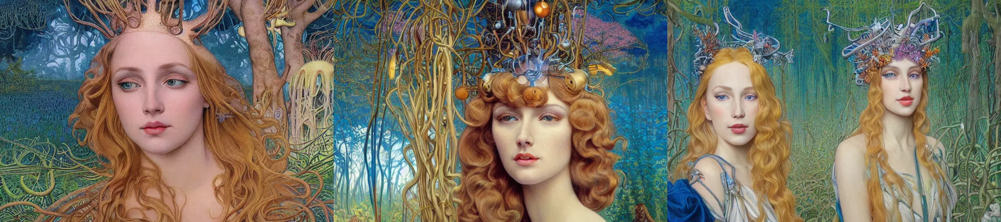 Prompt: realistic detailed portrait painting of a beautiful woman with blond hair with sci-fi headwear, futuristic sci-fi forest on background by Jean Delville, Amano, Yves Tanguy, Alphonse Mucha, Edward Robert Hughes, Roger Dean, rich moody colours, blue eyes