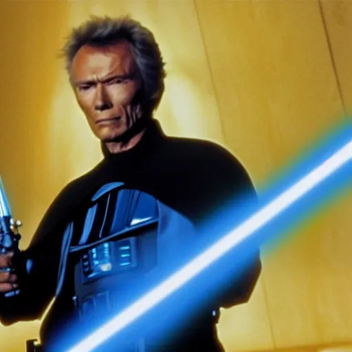 Image similar to clint eastwood holding blue lightsaber in star wars episode 3, 8k resolution, full HD, cinematic lighting, award winning, anatomically correct