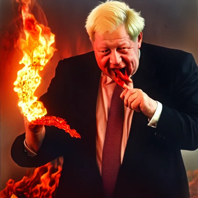 Image similar to president boris yeltsin pours red - hot lead into the mouth of a sinner in hell, infernal art in color