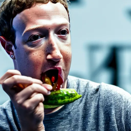 Image similar to mark zuckerberg eating a pickle, 4 k photograph, cinematic, ideal, no artifacts,