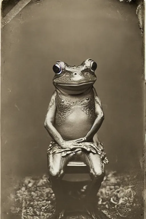 Image similar to a wet plate photo of an anthropomorphic frog sitting on a throne wearing a crown