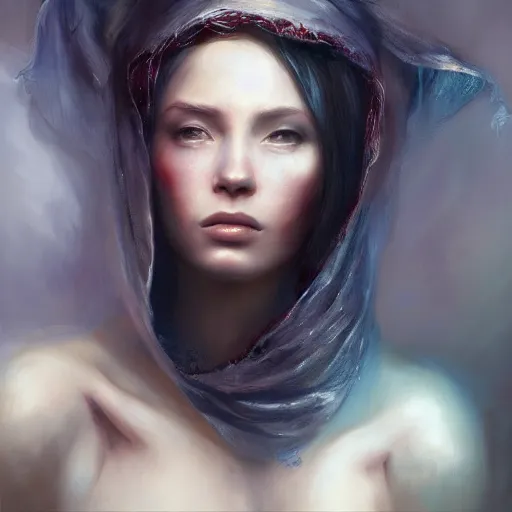 Image similar to a painting of a woman with a veil on her head, a hyperrealistic painting by Raymond Swanland, featured on cgsociety, fantasy art, daz3d, artstation hd, hyper-realistic