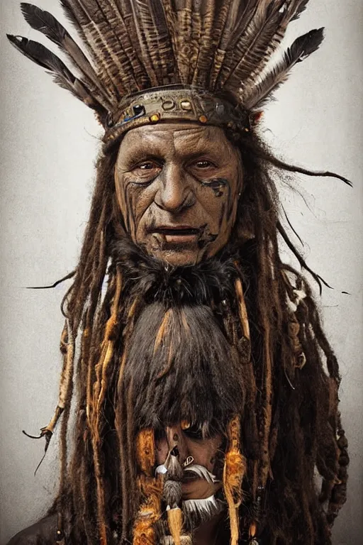 Image similar to portrait, headshot, digital painting, an old shaman in slavic wooden painted ritual mask, crow feathers, dreadlocks, realistic, hyperdetailed, chiaroscuro, concept art, art by frans hals