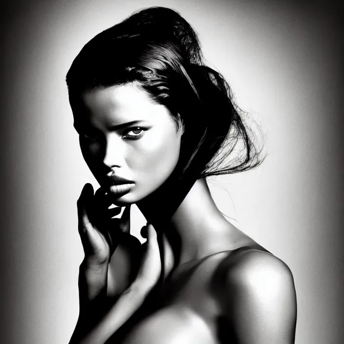 Prompt: photography face portrait on a tropical wallpaper background of a beautiful woman like adriana lima, black and white photography portrait, skin grain detail, high fashion, studio lighting film noir style photography, by richard avedon, and paolo roversi, nick knight, hellmut newton,